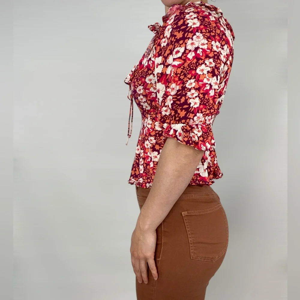 FREE PEOPLE Sweet Memories Floral‎ Ruffle Blouse Half Sleeve Pink Multi Color